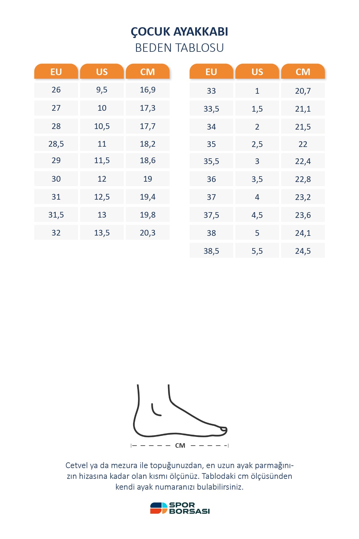 Converse çocuk ayakkabı beden tablosu